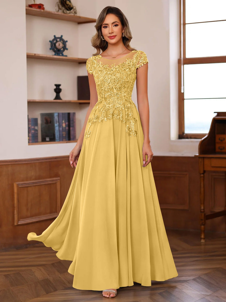 A Line Princess Scoop Neck Short Sleeves Floor Length Mother Of The Bride Dresses With Appliques