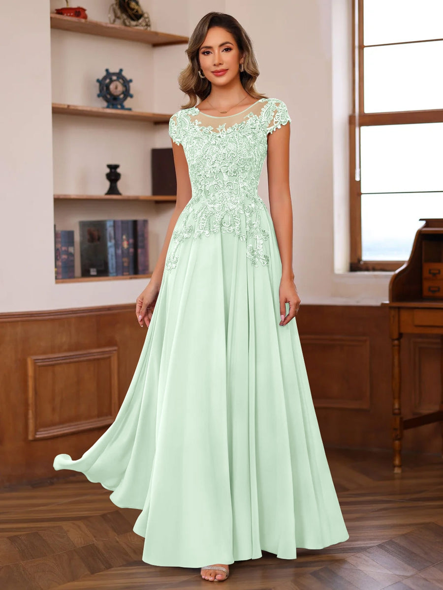 A Line Princess Scoop Neck Short Sleeves Floor Length Mother Of The Bride Dresses With Appliques