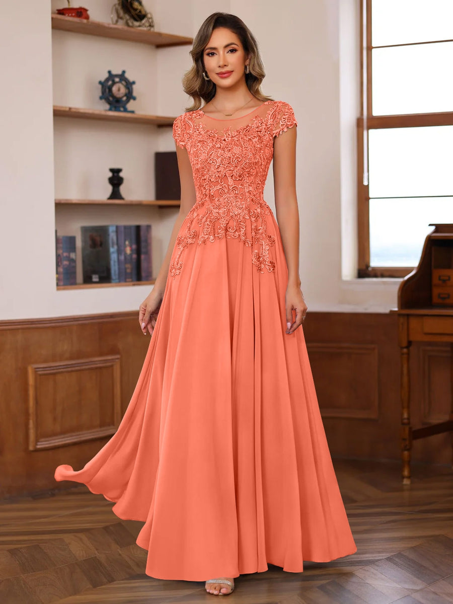 A Line Princess Scoop Neck Short Sleeves Floor Length Mother Of The Bride Dresses With Appliques