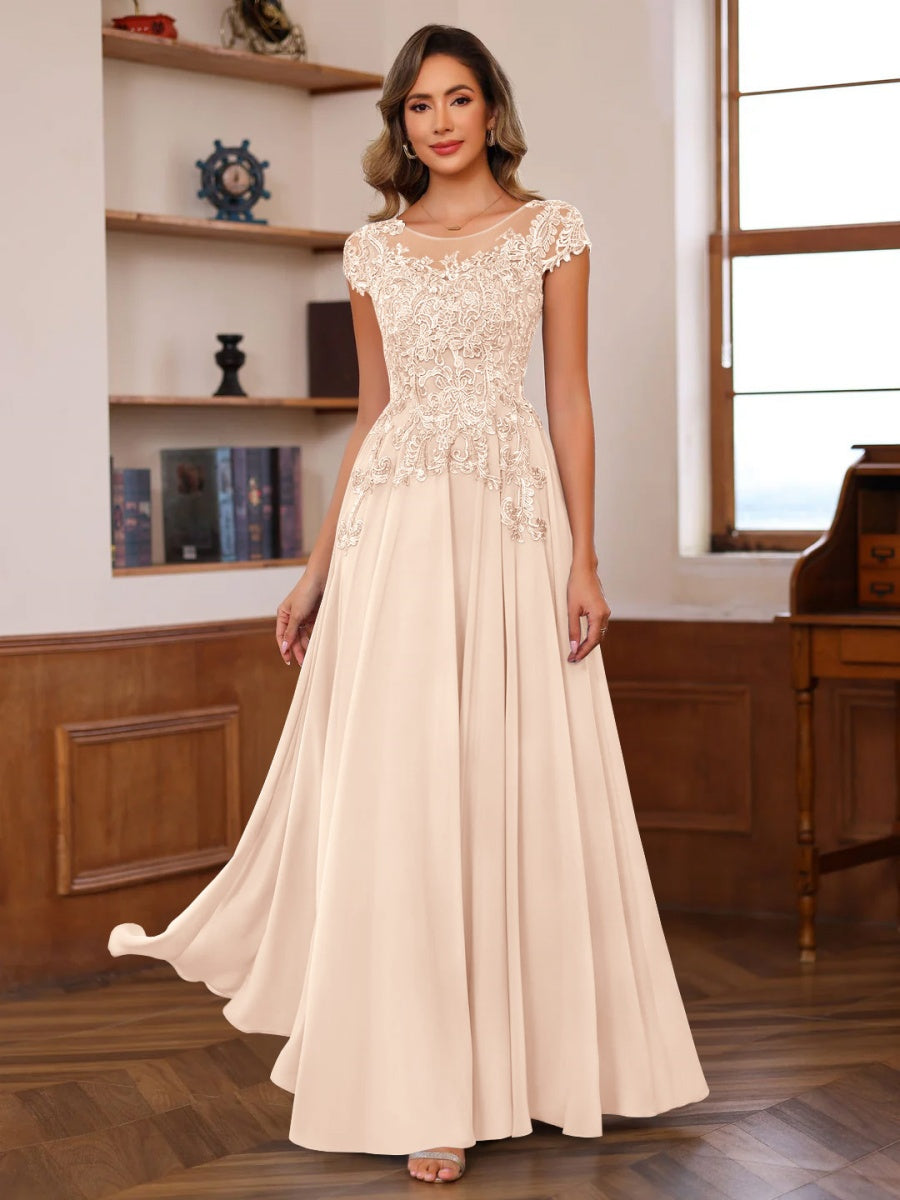 A Line Princess Scoop Neck Short Sleeves Floor Length Mother Of The Bride Dresses With Appliques