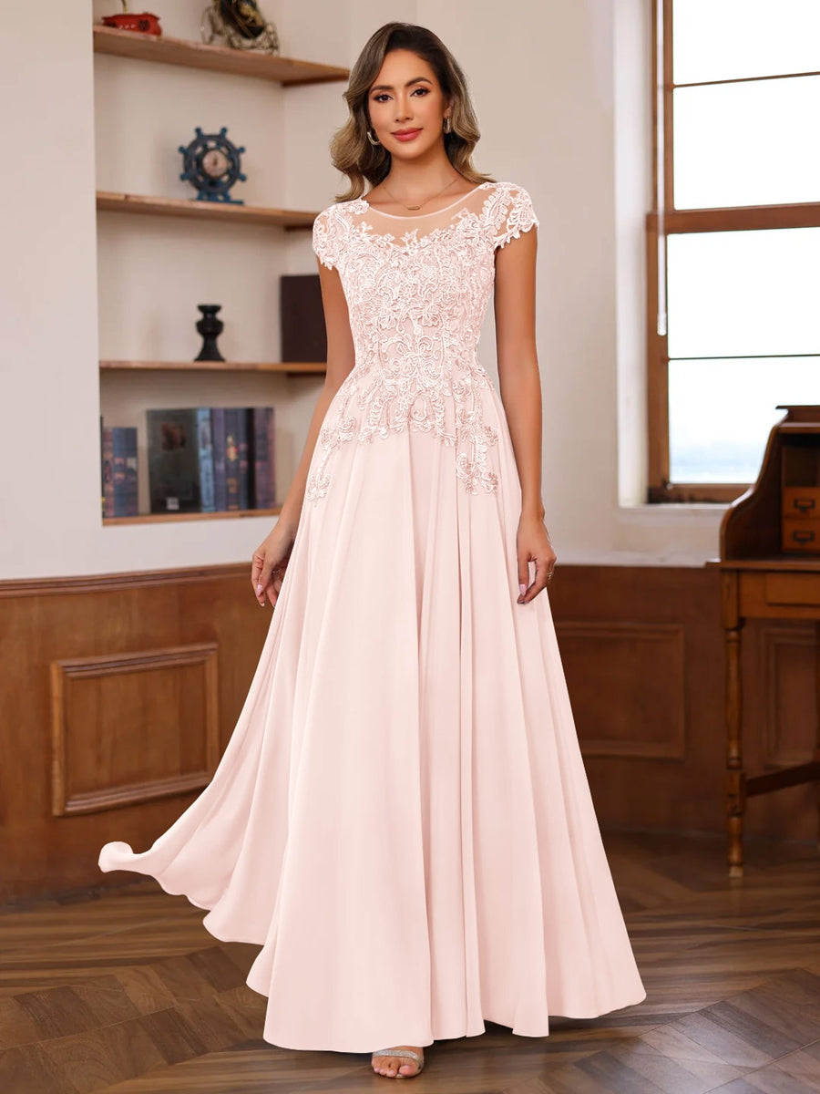 A Line Princess Scoop Neck Short Sleeves Floor Length Mother Of The Bride Dresses With Appliques
