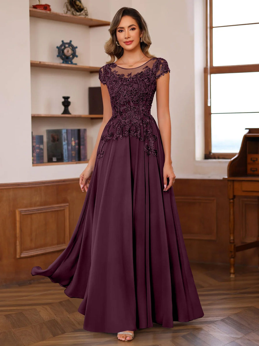 A Line Princess Scoop Neck Short Sleeves Floor Length Mother Of The Bride Dresses With Appliques