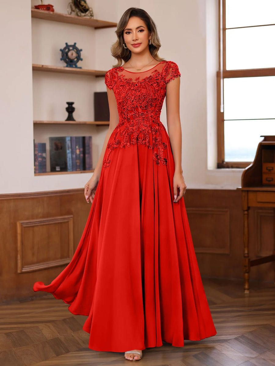 A Line Princess Scoop Neck Short Sleeves Floor Length Mother Of The Bride Dresses With Appliques