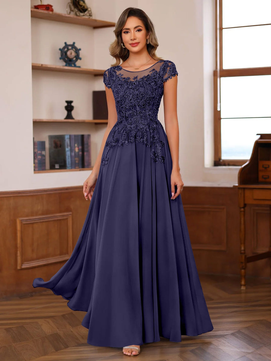 A Line Princess Scoop Neck Short Sleeves Floor Length Mother Of The Bride Dresses With Appliques