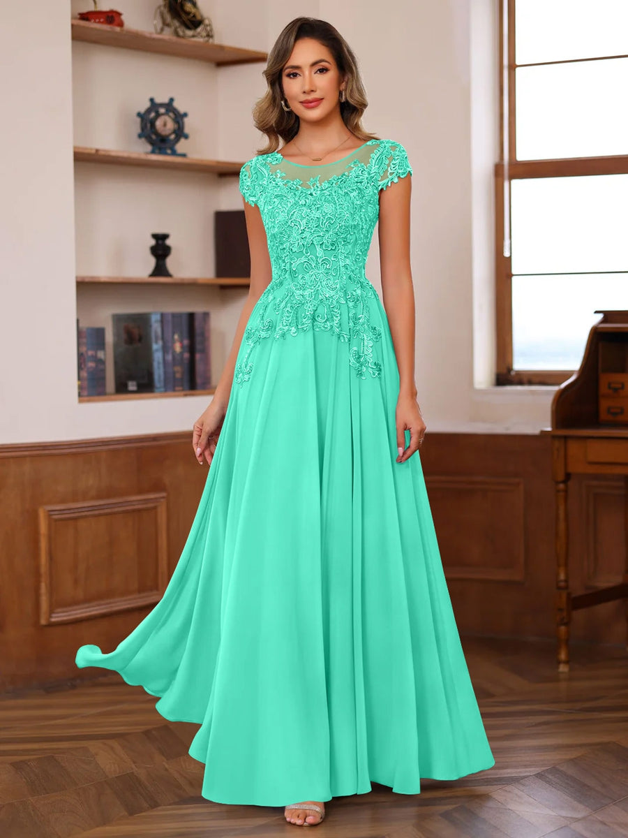 A Line Princess Scoop Neck Short Sleeves Floor Length Mother Of The Bride Dresses With Appliques