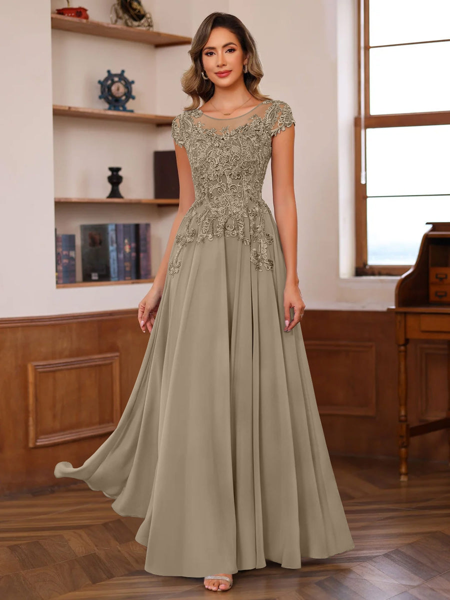 A Line Princess Scoop Neck Short Sleeves Floor Length Mother Of The Bride Dresses With Appliques