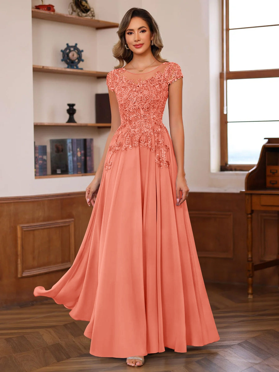 A Line Princess Scoop Neck Short Sleeves Floor Length Mother Of The Bride Dresses With Appliques