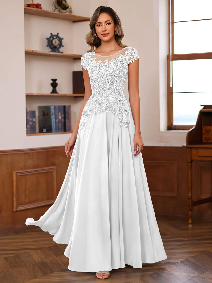 A Line Princess Scoop Neck Short Sleeves Floor Length Mother Of The Bride Dresses With Appliques