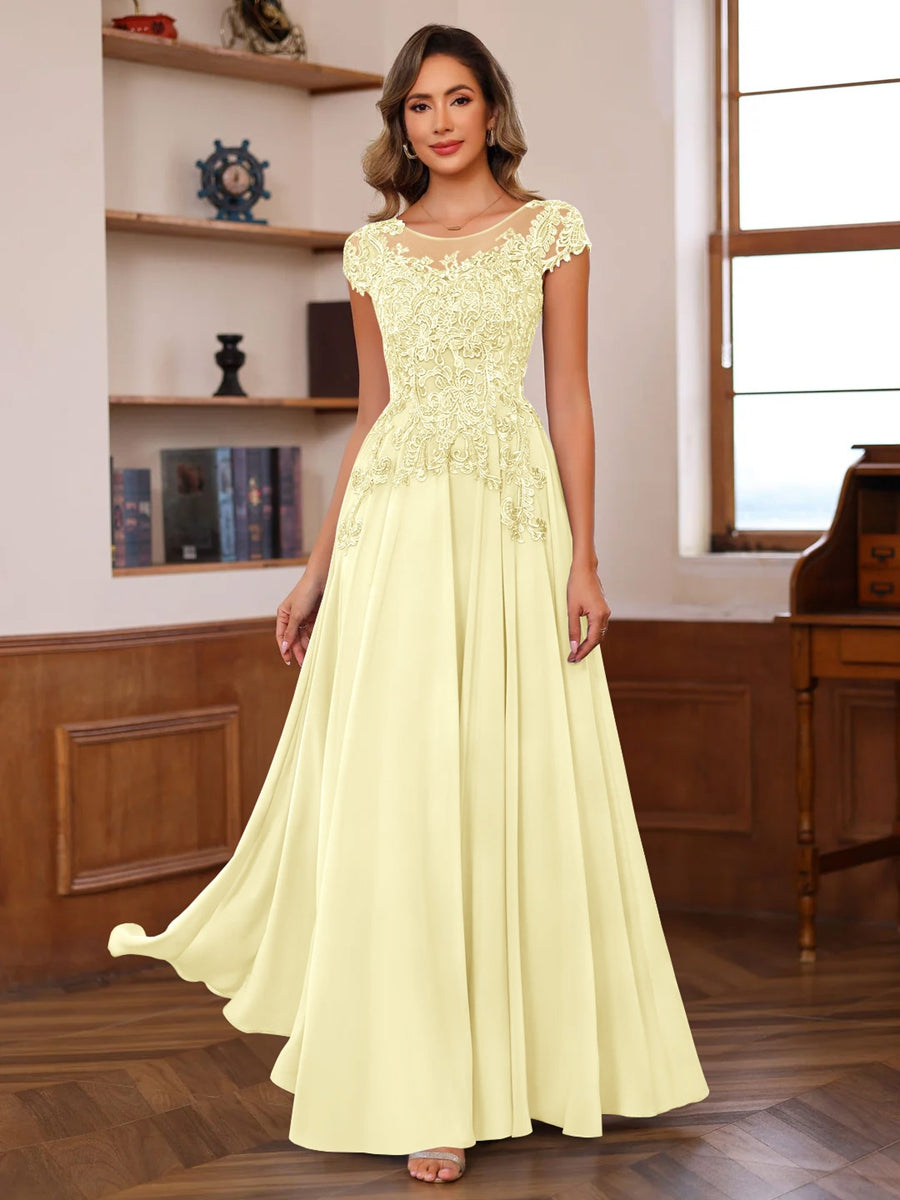 A Line Princess Scoop Neck Short Sleeves Floor Length Mother Of The Bride Dresses With Appliques