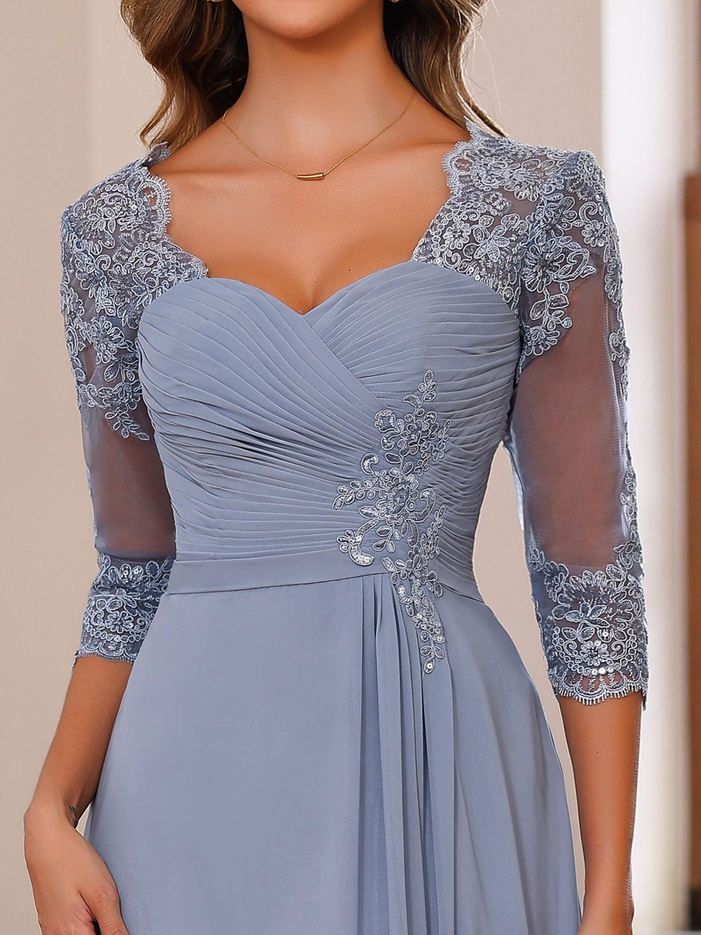 A Line Princess Sweetheart Neck 3 4 Length Sleeves Floor Length Mother Of The Bride Dresses With Lace Ruffles Appliques