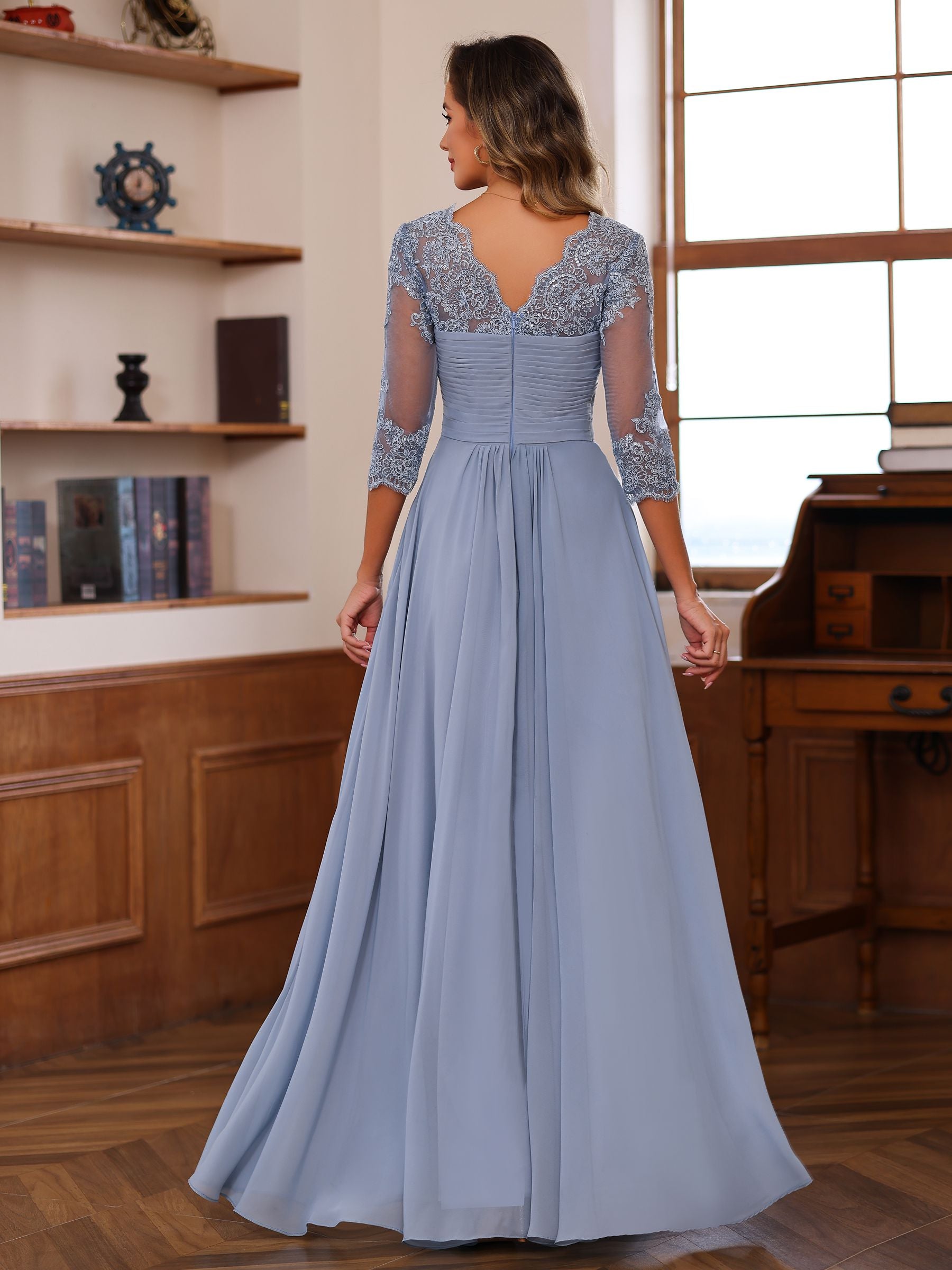 A Line Princess Sweetheart Neck 3 4 Length Sleeves Floor Length Mother Of The Bride Dresses With Lace Ruffles Appliques