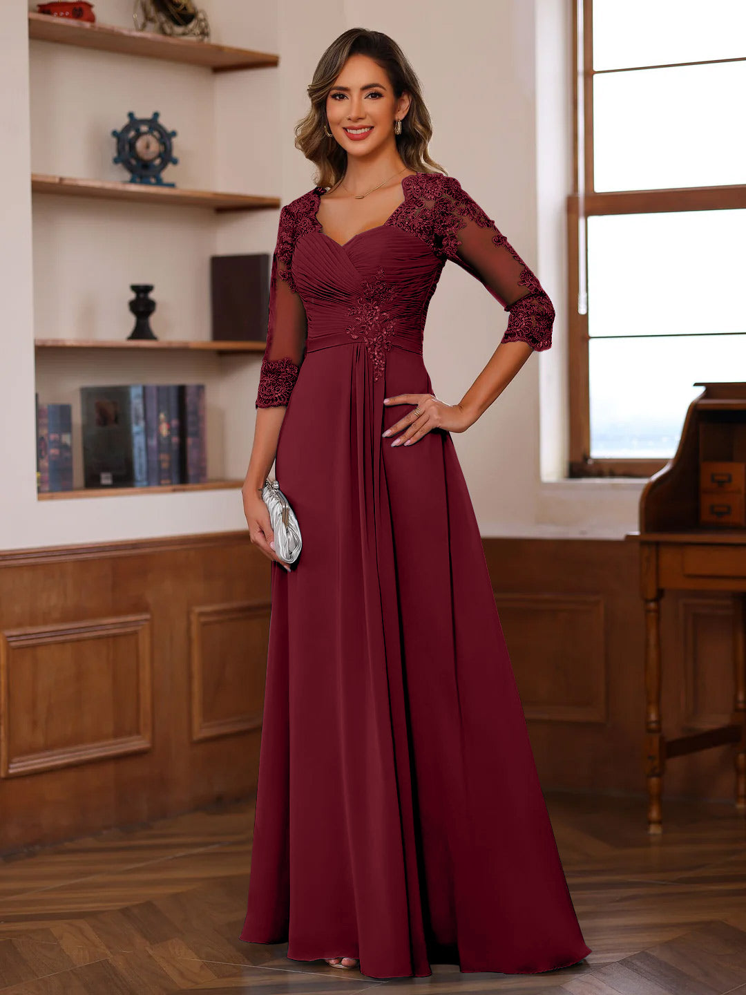 A Line Princess Sweetheart Neck 3 4 Length Sleeves Floor Length Mother Of The Bride Dresses With Lace Ruffles Appliques