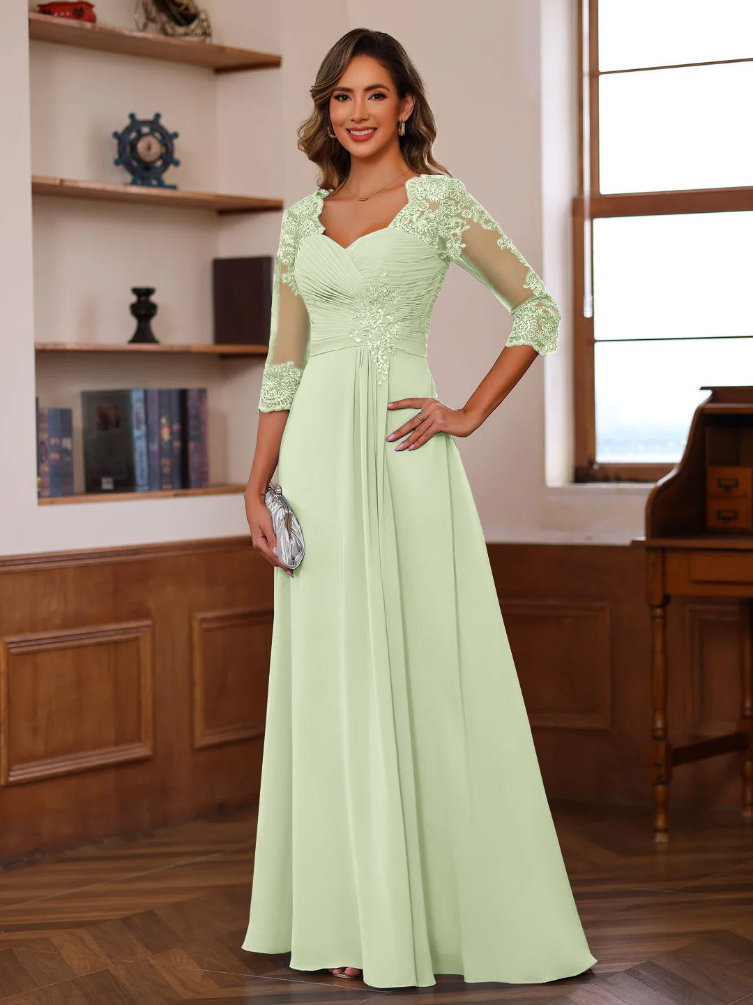 A Line Princess Sweetheart Neck 3 4 Length Sleeves Floor Length Mother Of The Bride Dresses With Lace Ruffles Appliques