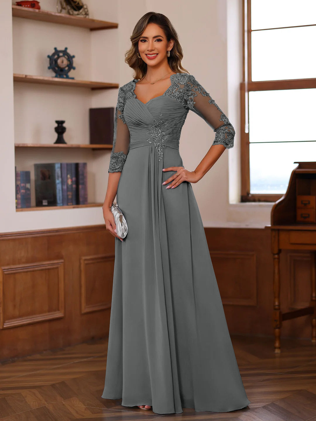 A Line Princess Sweetheart Neck 3 4 Length Sleeves Floor Length Mother Of The Bride Dresses With Lace Ruffles Appliques