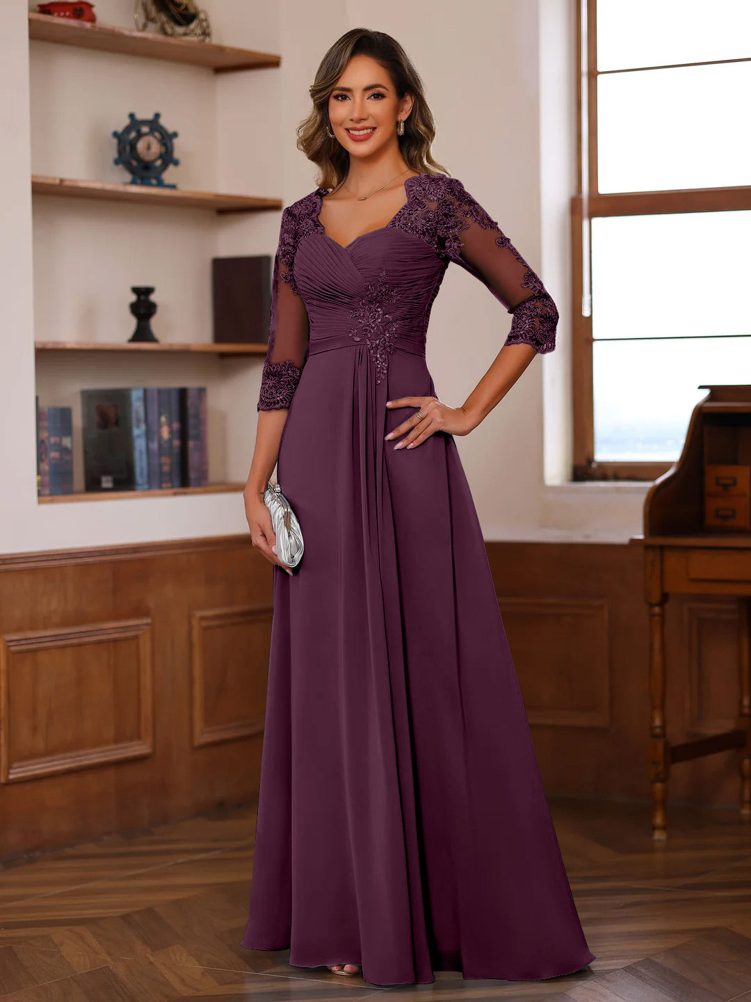 A Line Princess Sweetheart Neck 3 4 Length Sleeves Floor Length Mother Of The Bride Dresses With Lace Ruffles Appliques