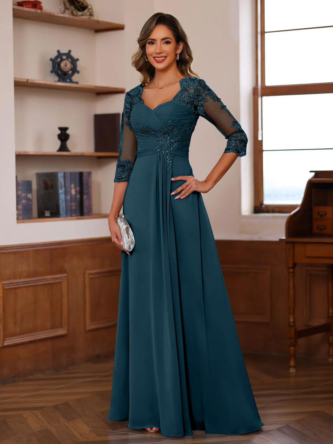 A Line Princess Sweetheart Neck 3 4 Length Sleeves Floor Length Mother Of The Bride Dresses With Lace Ruffles Appliques
