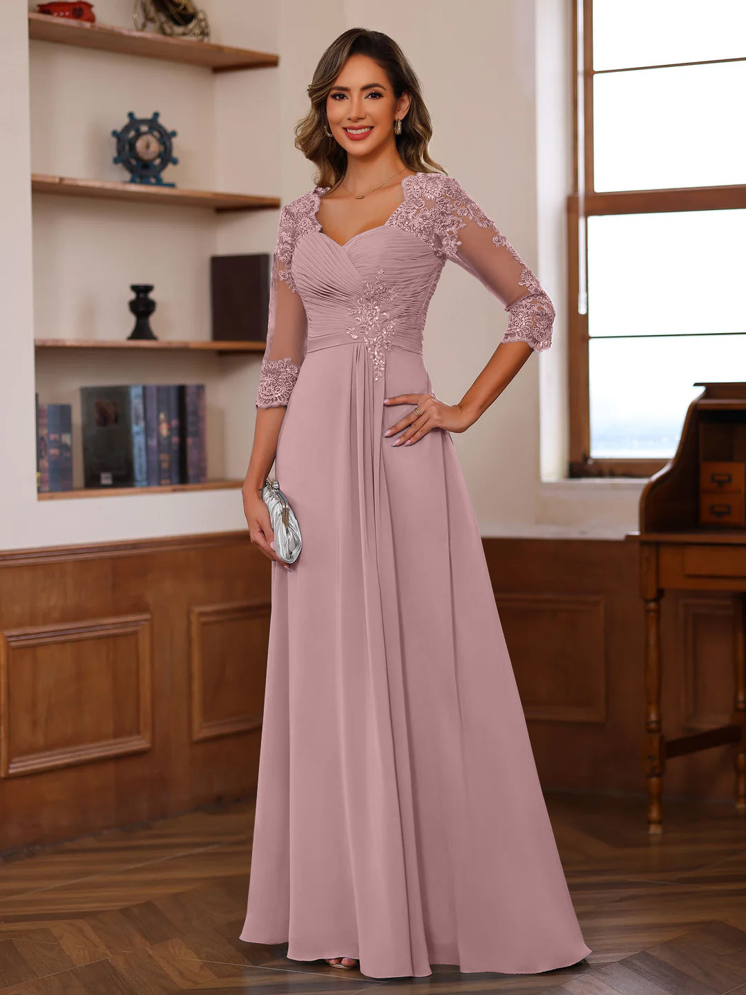 A Line Princess Sweetheart Neck 3 4 Length Sleeves Floor Length Mother Of The Bride Dresses With Lace Ruffles Appliques
