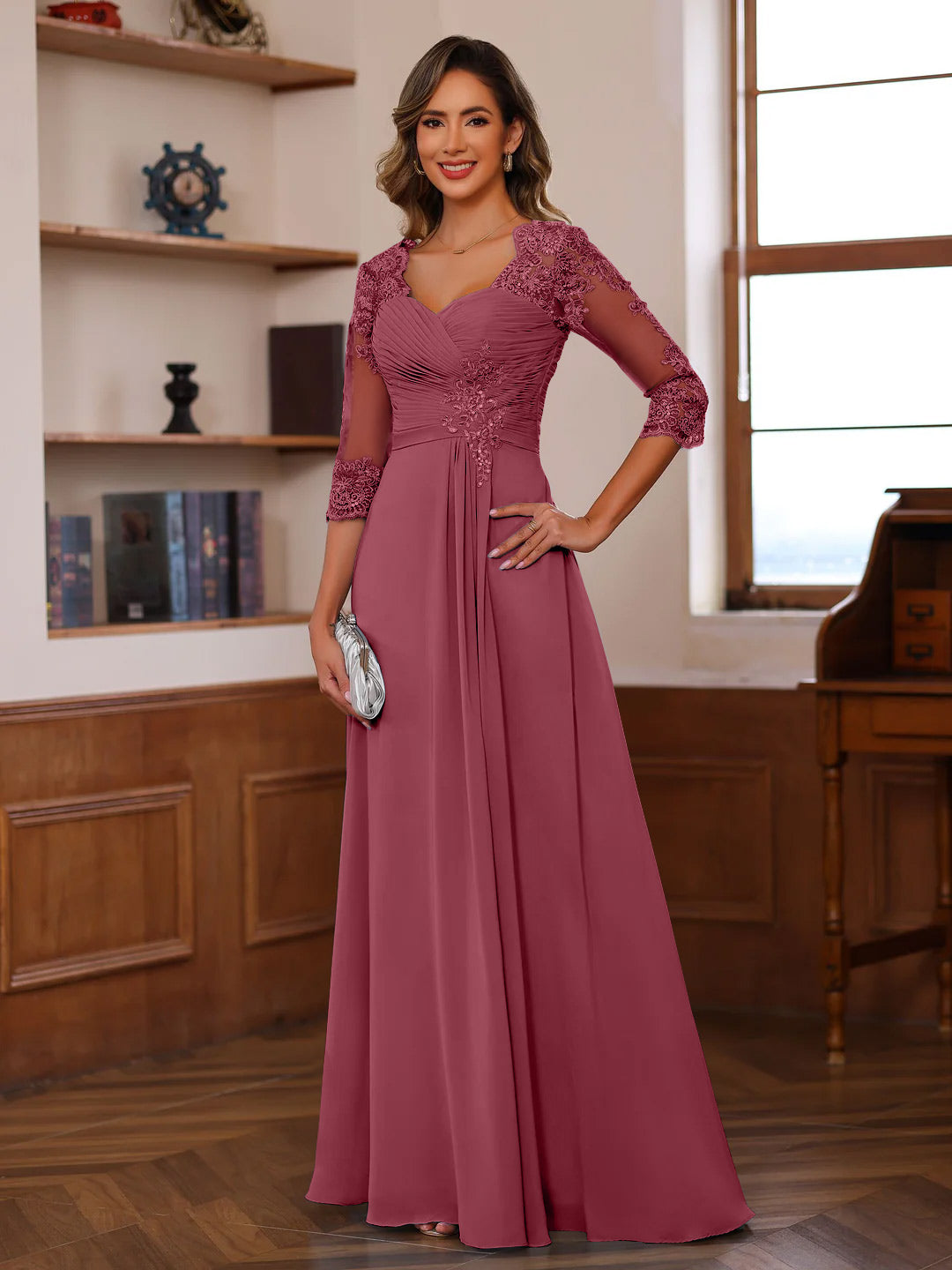 A Line Princess Sweetheart Neck 3 4 Length Sleeves Floor Length Mother Of The Bride Dresses With Lace Ruffles Appliques