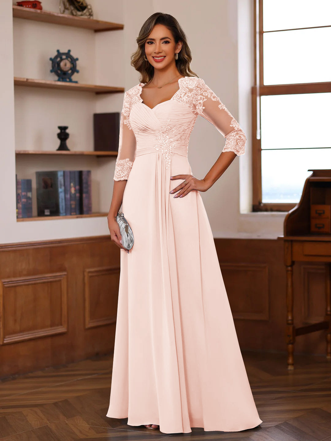 A Line Princess Sweetheart Neck 3 4 Length Sleeves Floor Length Mother Of The Bride Dresses With Lace Ruffles Appliques