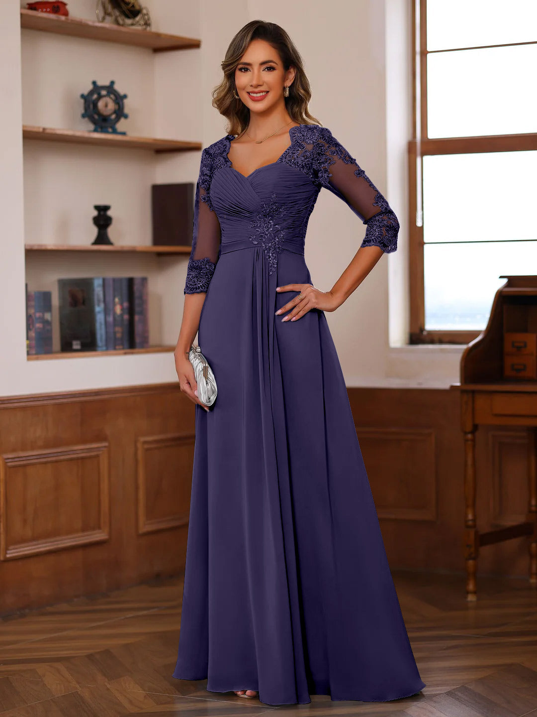 A Line Princess Sweetheart Neck 3 4 Length Sleeves Floor Length Mother Of The Bride Dresses With Lace Ruffles Appliques