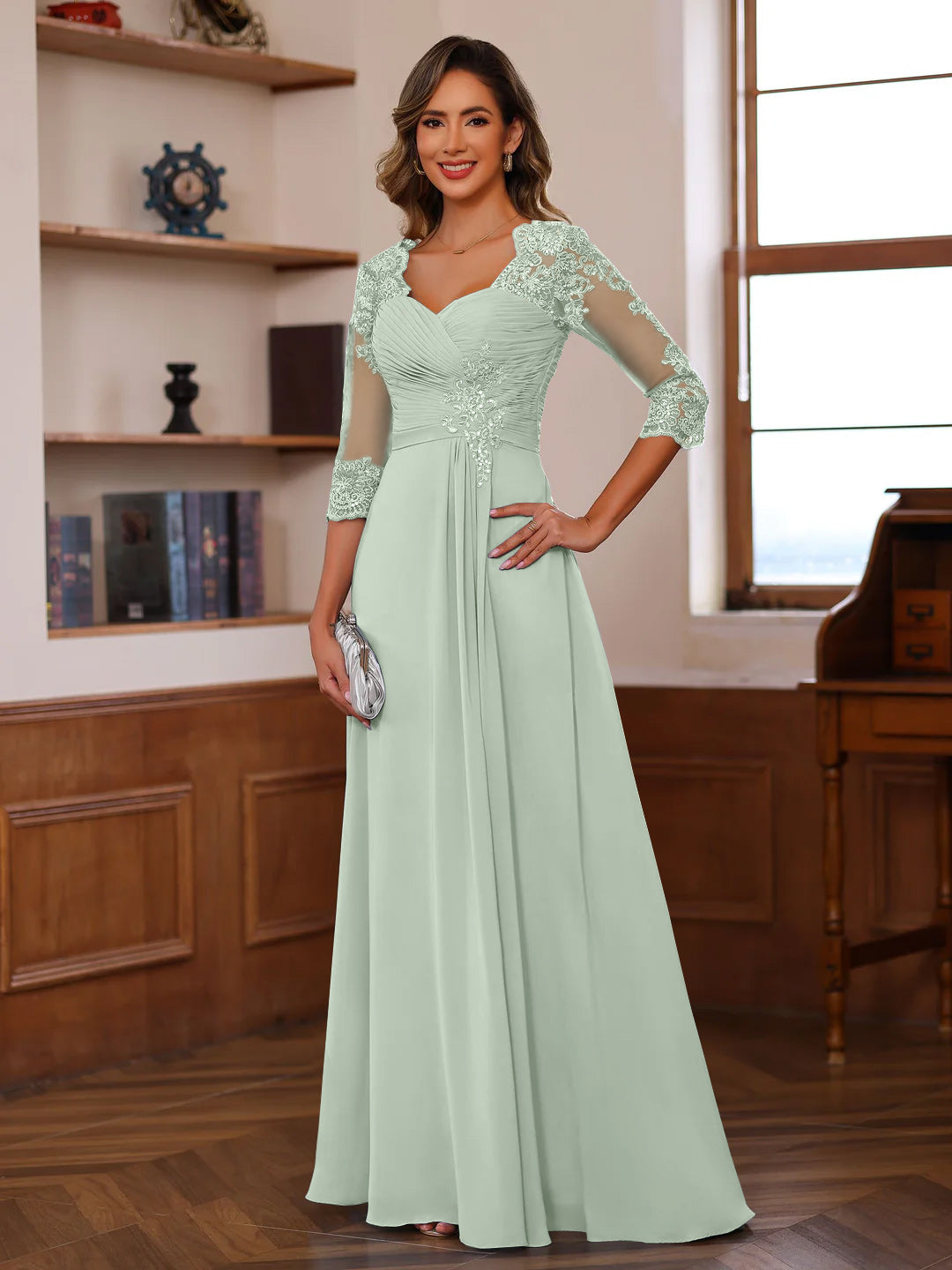 A Line Princess Sweetheart Neck 3 4 Length Sleeves Floor Length Mother Of The Bride Dresses With Lace Ruffles Appliques