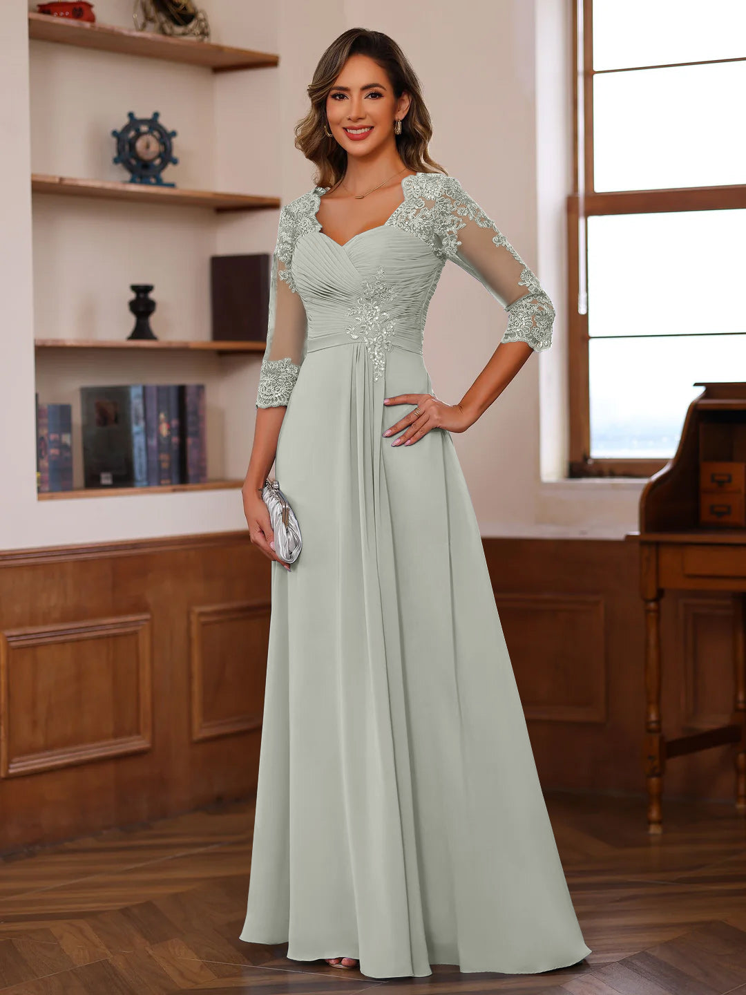 A Line Princess Sweetheart Neck 3 4 Length Sleeves Floor Length Mother Of The Bride Dresses With Lace Ruffles Appliques