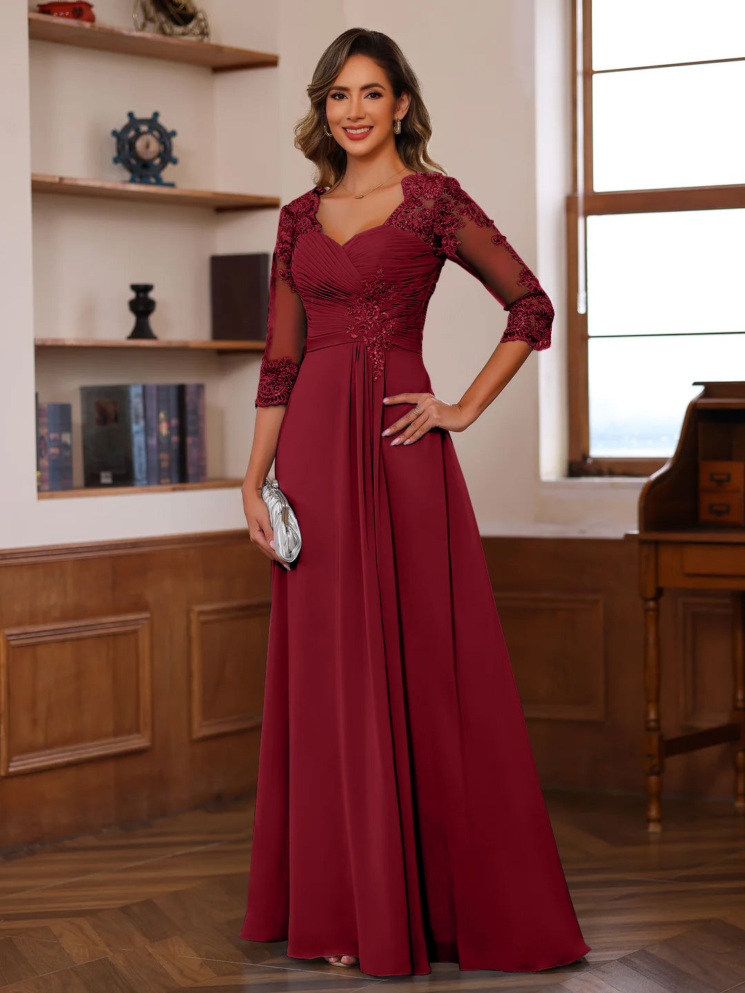 A Line Princess Sweetheart Neck 3 4 Length Sleeves Floor Length Mother Of The Bride Dresses With Lace Ruffles Appliques