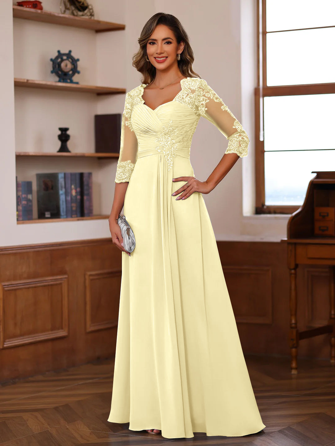 A Line Princess Sweetheart Neck 3 4 Length Sleeves Floor Length Mother Of The Bride Dresses With Lace Ruffles Appliques