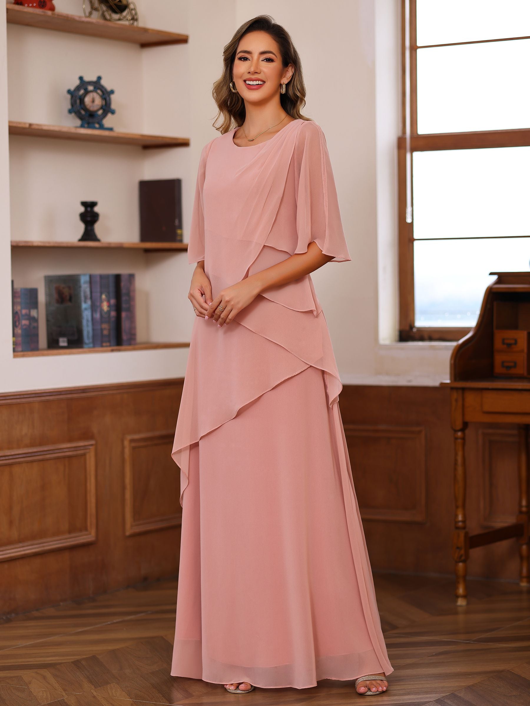 A Line Princess Scoop Neck Half Sleeves Floor Length Mother Of The Bride Dresses With Ruffles