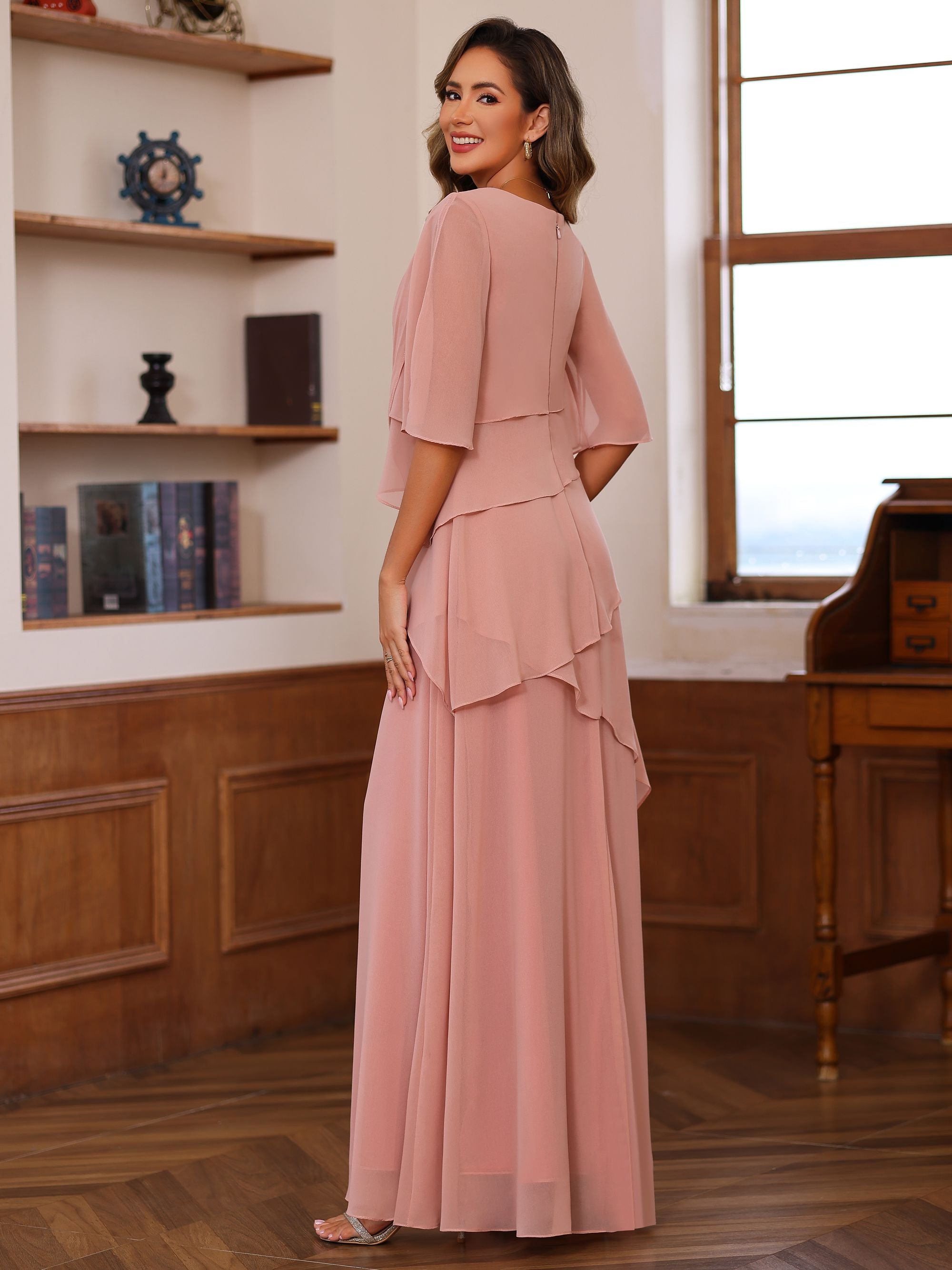 A Line Princess Scoop Neck Half Sleeves Floor Length Mother Of The Bride Dresses With Ruffles