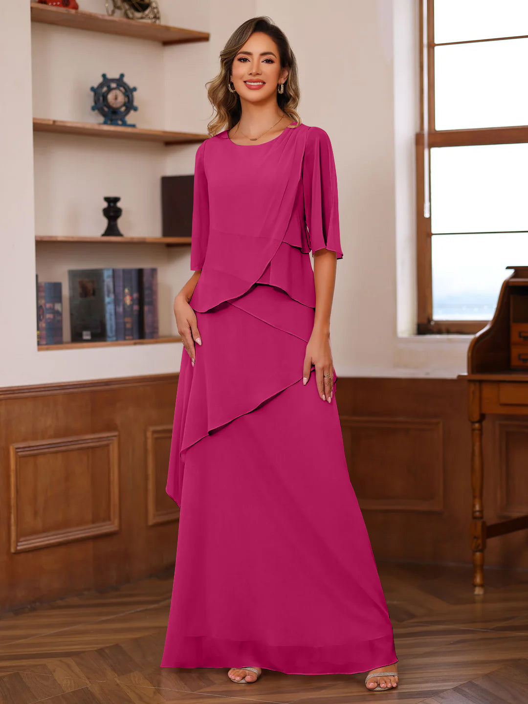A Line Princess Scoop Neck Half Sleeves Floor Length Mother Of The Bride Dresses With Ruffles