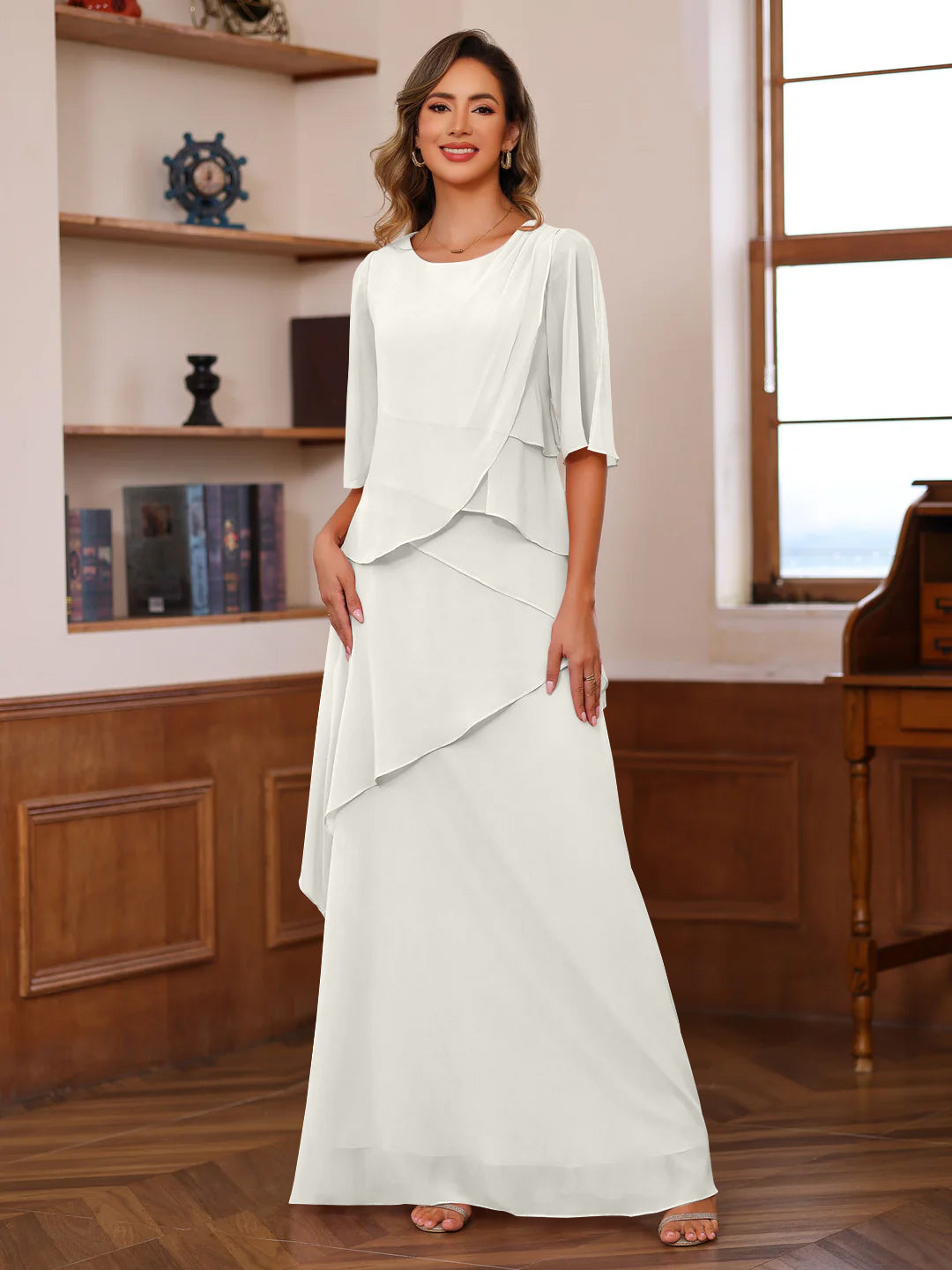 A Line Princess Scoop Neck Half Sleeves Floor Length Mother Of The Bride Dresses With Ruffles