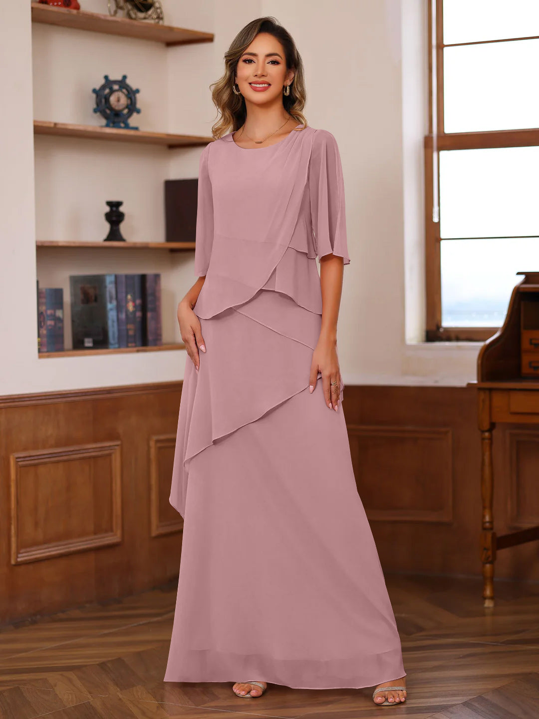 A Line Princess Scoop Neck Half Sleeves Floor Length Mother Of The Bride Dresses With Ruffles