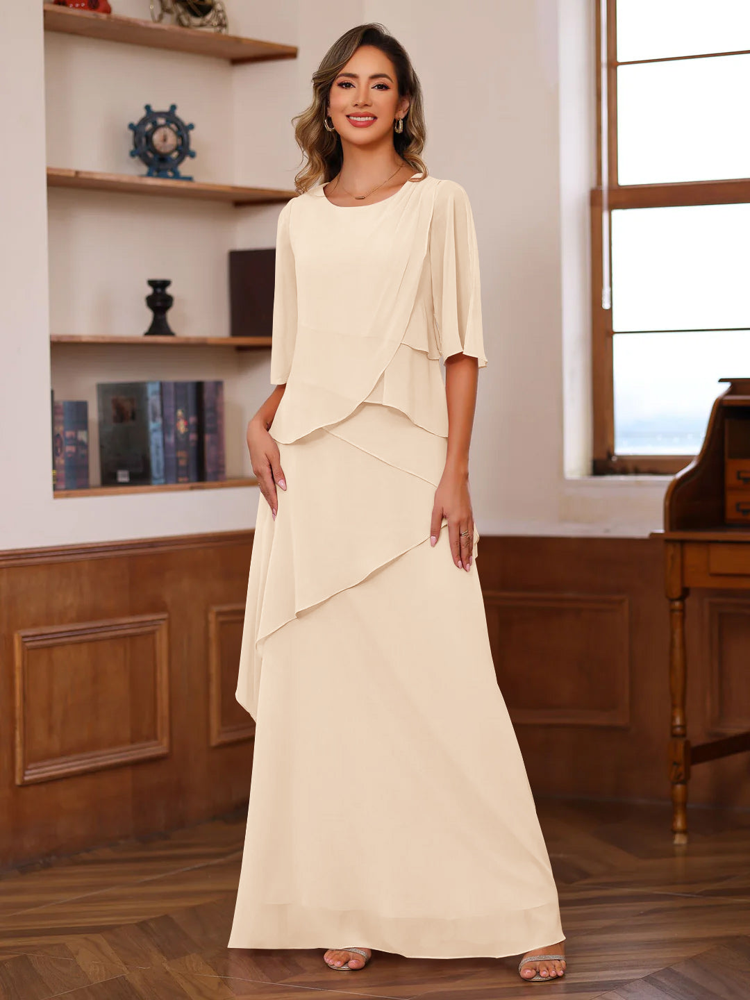A Line Princess Scoop Neck Half Sleeves Floor Length Mother Of The Bride Dresses With Ruffles