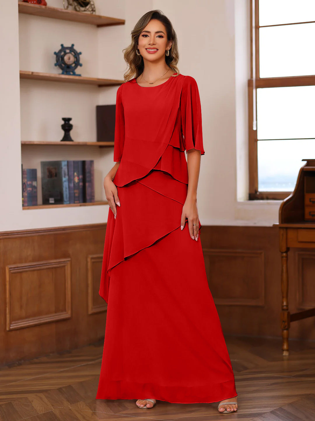 A Line Princess Scoop Neck Half Sleeves Floor Length Mother Of The Bride Dresses With Ruffles