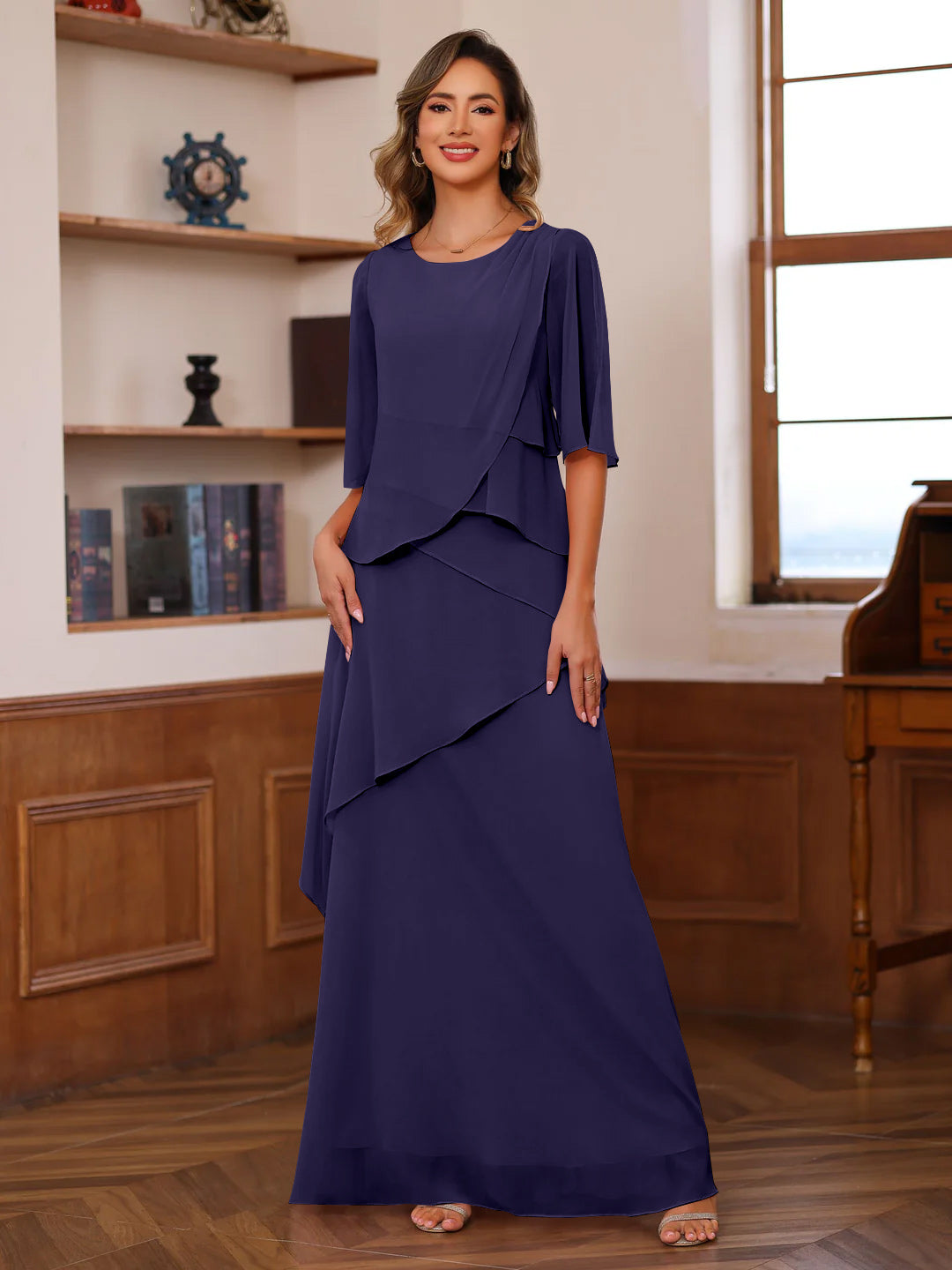 A Line Princess Scoop Neck Half Sleeves Floor Length Mother Of The Bride Dresses With Ruffles