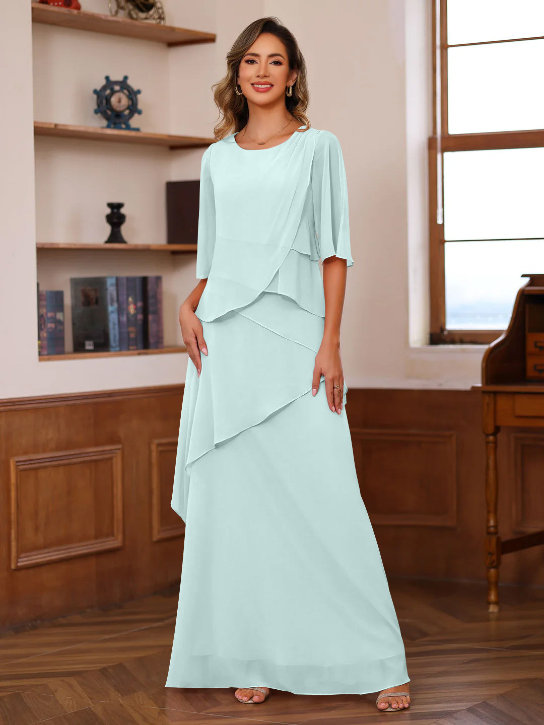 A Line Princess Scoop Neck Half Sleeves Floor Length Mother Of The Bride Dresses With Ruffles