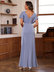 A Line Princess V Neck Short Sleeves Floor Length Unique Mother Of The Bride Dresses With Ruffles