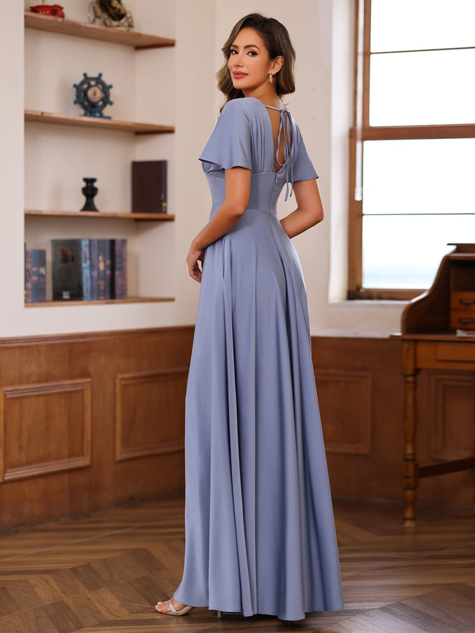 A Line Princess V Neck Short Sleeves Floor Length Mother Of The Bride Long Dresses With Ruffles