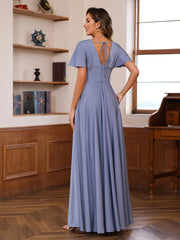A Line Princess V Neck Short Sleeves Floor Length Mother Of The Bride Long Dresses With Ruffles