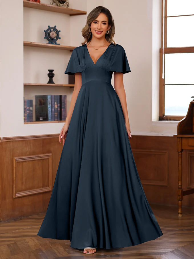 A Line Princess V Neck Short Sleeves Floor Length Mother Of The Bride Long Dresses With Ruffles