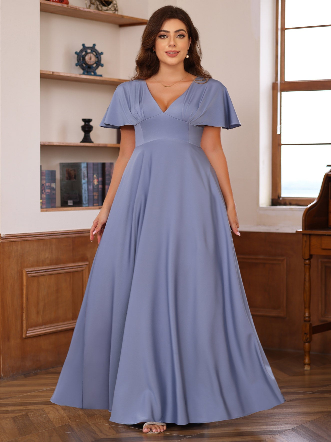 A Line Princess V Neck Short Sleeves Floor Length Mother Of The Bride Long Dresses With Ruffles