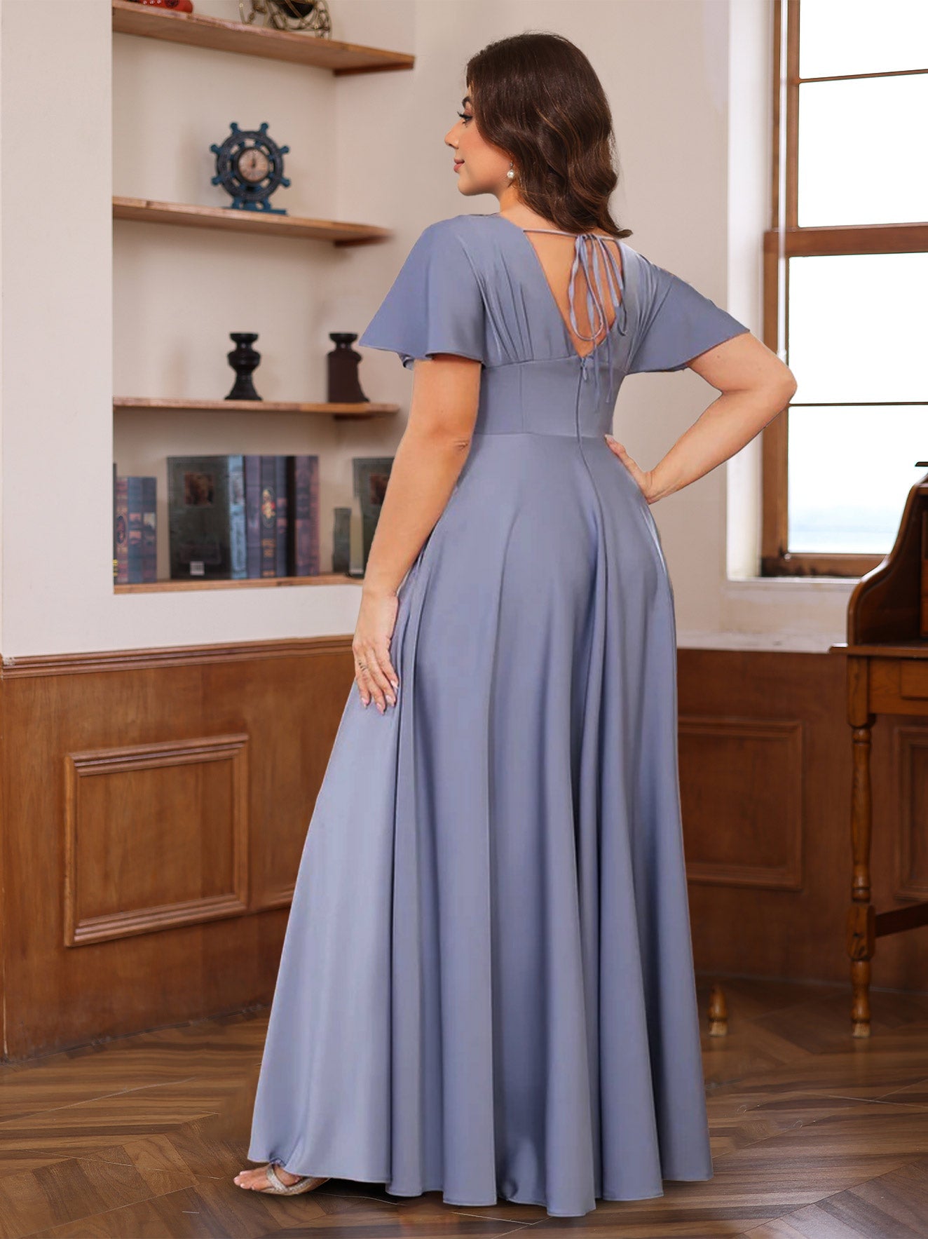 A Line Princess V Neck Short Sleeves Floor Length Mother Of The Bride Long Dresses With Ruffles
