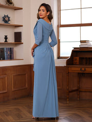 Sheath Column V Neck 3 4 Length Sleeves Floor Length Unique Mother Of The Bride Dresses With Ruffles Appliques