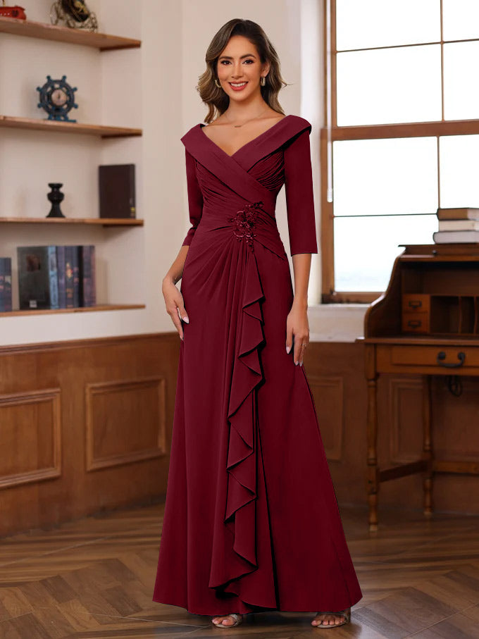 Sheath Column V Neck 3 4 Length Sleeves Floor Length Unique Mother Of The Bride Dresses With Ruffles Appliques