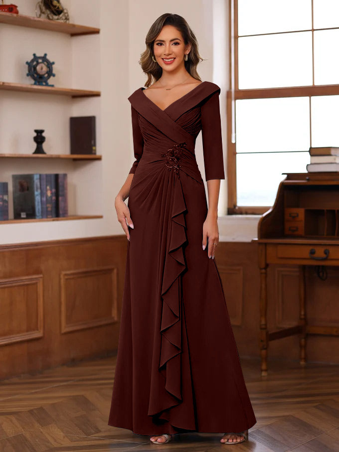 Sheath Column V Neck 3 4 Length Sleeves Floor Length Unique Mother Of The Bride Dresses With Ruffles Appliques