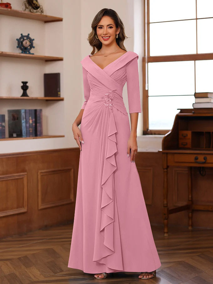 Sheath Column V Neck 3 4 Length Sleeves Floor Length Unique Mother Of The Bride Dresses With Ruffles Appliques