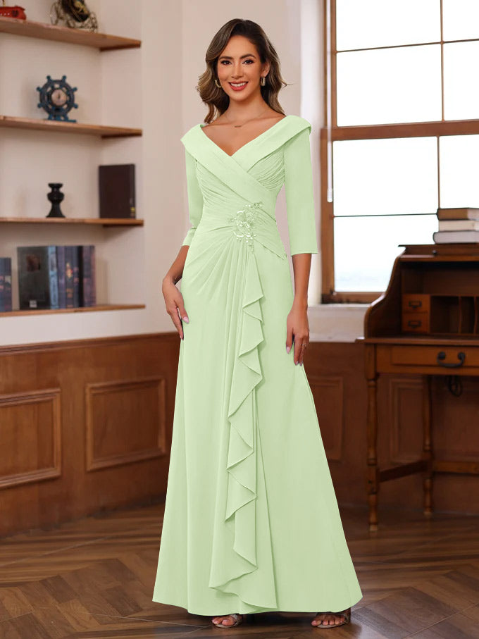 Sheath Column V Neck 3 4 Length Sleeves Floor Length Unique Mother Of The Bride Dresses With Ruffles Appliques