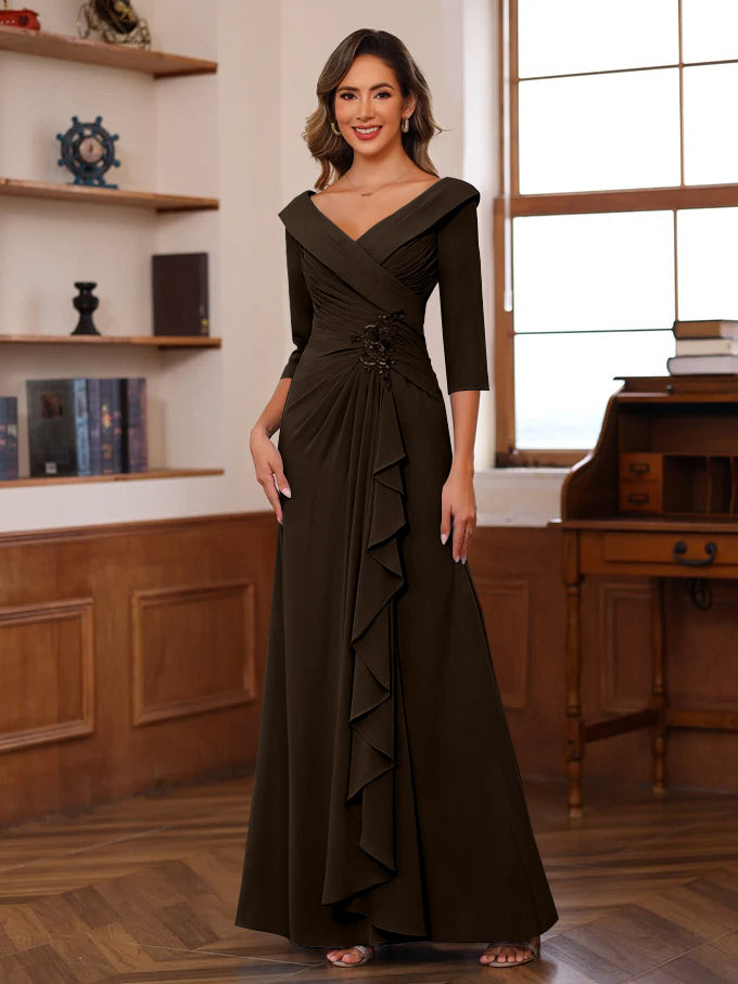Sheath Column V Neck 3 4 Length Sleeves Floor Length Unique Mother Of The Bride Dresses With Ruffles Appliques