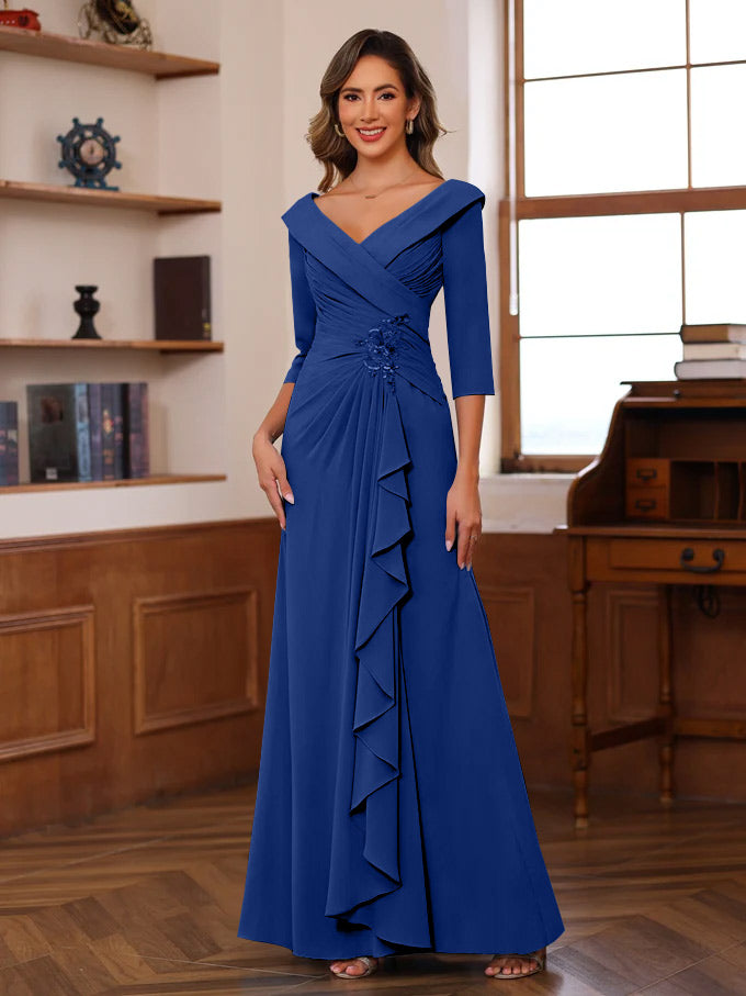 Sheath Column V Neck 3 4 Length Sleeves Floor Length Unique Mother Of The Bride Dresses With Ruffles Appliques